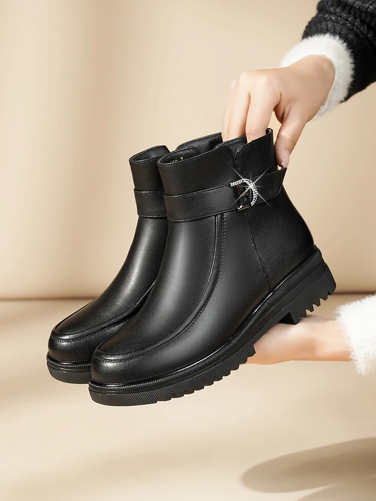 Damen Schneestiefel aus echtem Leder mit rutschfester Sohle und Wolle
