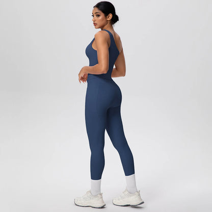 Yoga-Set aus ärmellosem Top und Leggings, dunkelblau; hell abgesetzter Beinabschluss