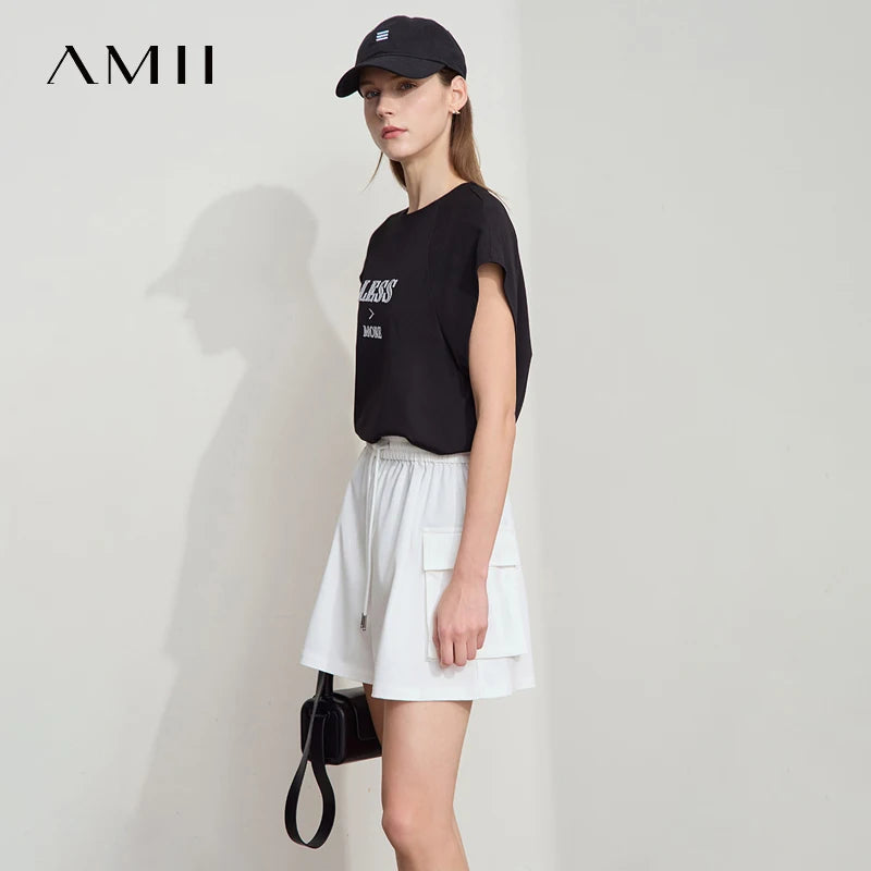 Damen Casual T-Shirt aus loser Seide mit Stickerei und Rundhalsausschnitt