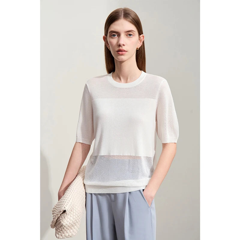 Cremeweißer Strickpullover mit Rundhalsausschnitt, kurzarm, lockerer Schnitt