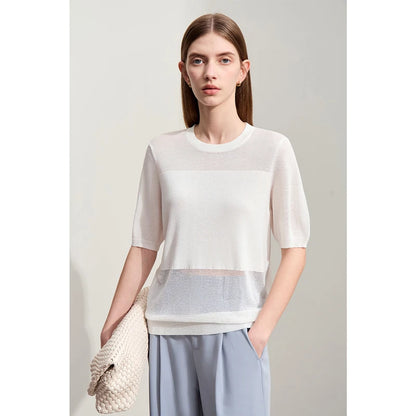 Cremeweißer Strickpullover mit Rundhalsausschnitt, kurzarm, lockerer Schnitt