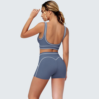 Yoga-Set mit Sport-BH und Shorts, dunkelblau, Racerback mit weißen Kontrastlinien