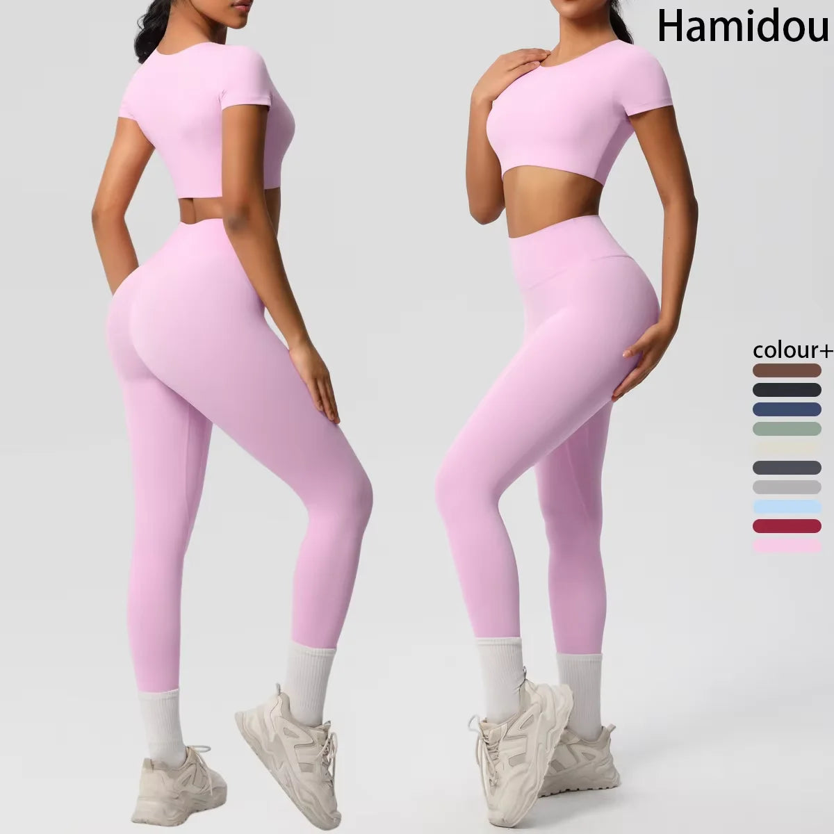 Yoga-Set für Damen: Crop-Top und High-Waist-Leggings, hellrosa.