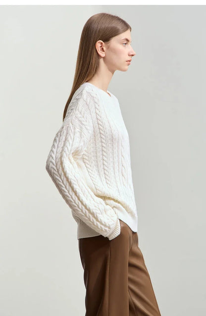 Damenpullover mit Zopfmuster, weiß/creme, Langarm mit geripptem Saum