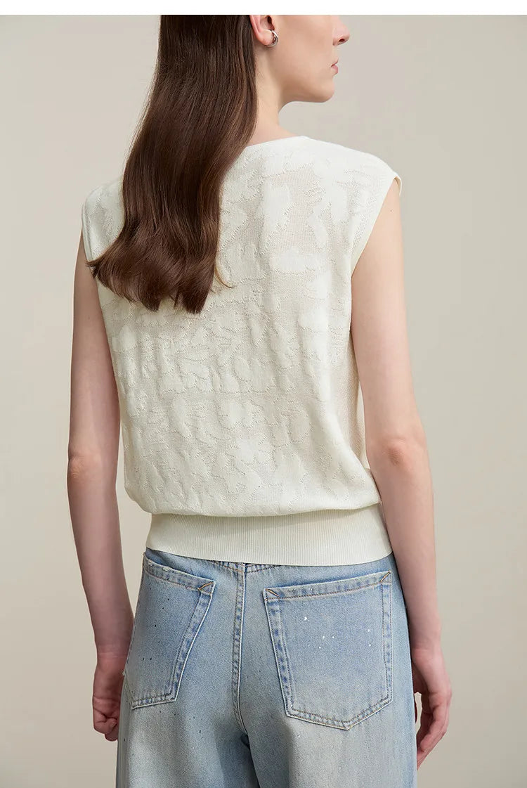 Damen-Rundhalspullover ärmellos Jacquard locker kurz Viskose Sommer