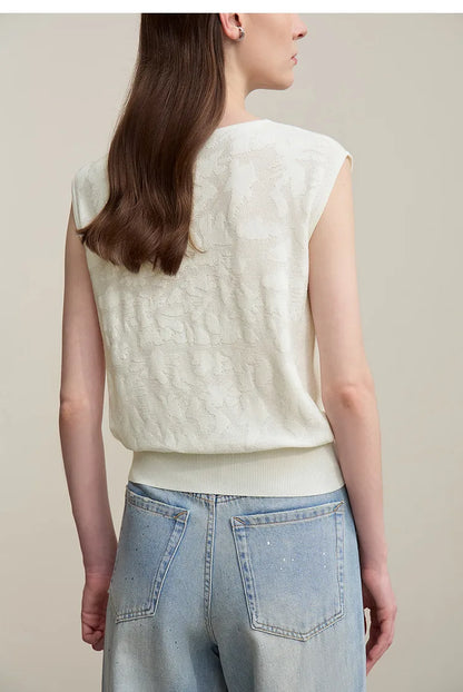 Damen-Rundhalspullover ärmellos Jacquard locker kurz Viskose Sommer