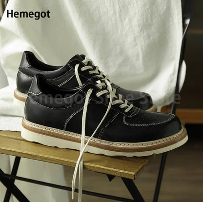 Round Toe Thick Soled Board Shoes Retro Genuine Leather Wear-Resistant Breathable Solid Color Casual Shoes Handmade Men's Shoes