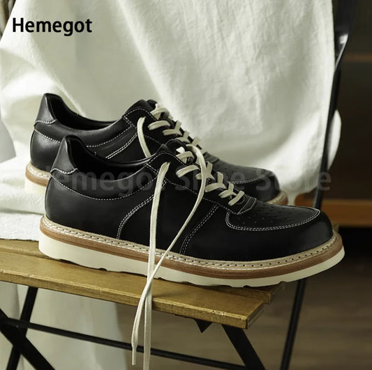 Round Toe Thick Soled Board Shoes Retro Genuine Leather Wear-Resistant Breathable Solid Color Casual Shoes Handmade Men's Shoes
