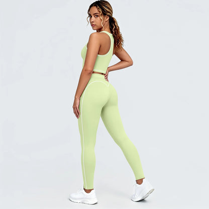 Yoga-Set in Moss Green: Sport-BH mit Brustpolstern, Leggings mit Kontraststreifen