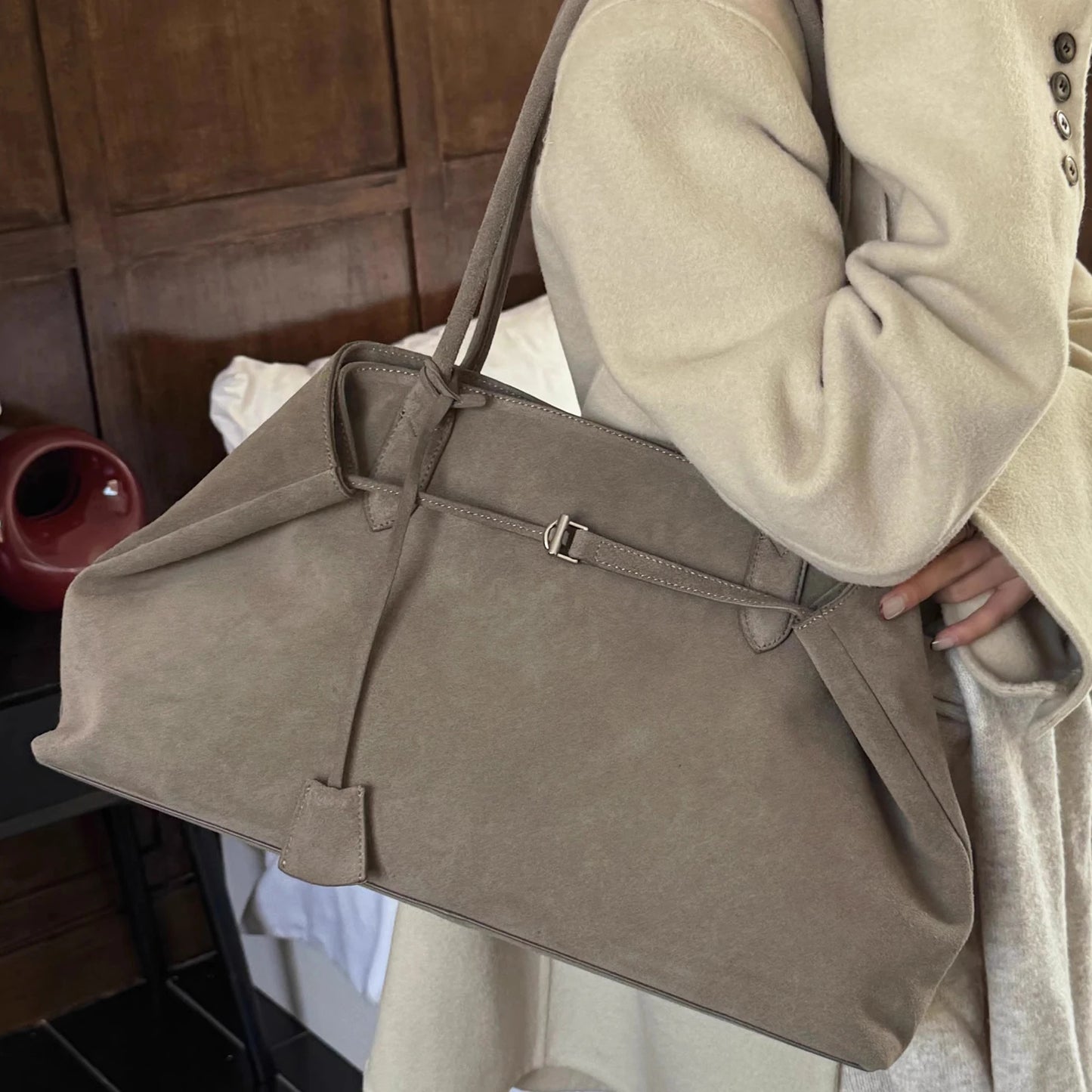 Wildleder Damen-Tote | Große Schultertasche 46x13x27 cm
