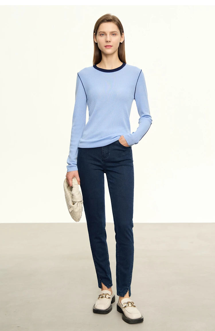Damen-Rundhalspullover Patchwork Slim Wolle-Mix Herbst-Winter