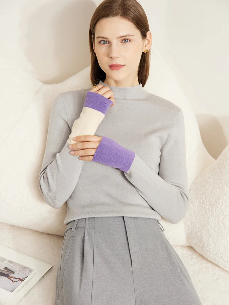 Damen-Halbrollkragen-Pullover Slim Farbkontrast Wolle-Mix Winter