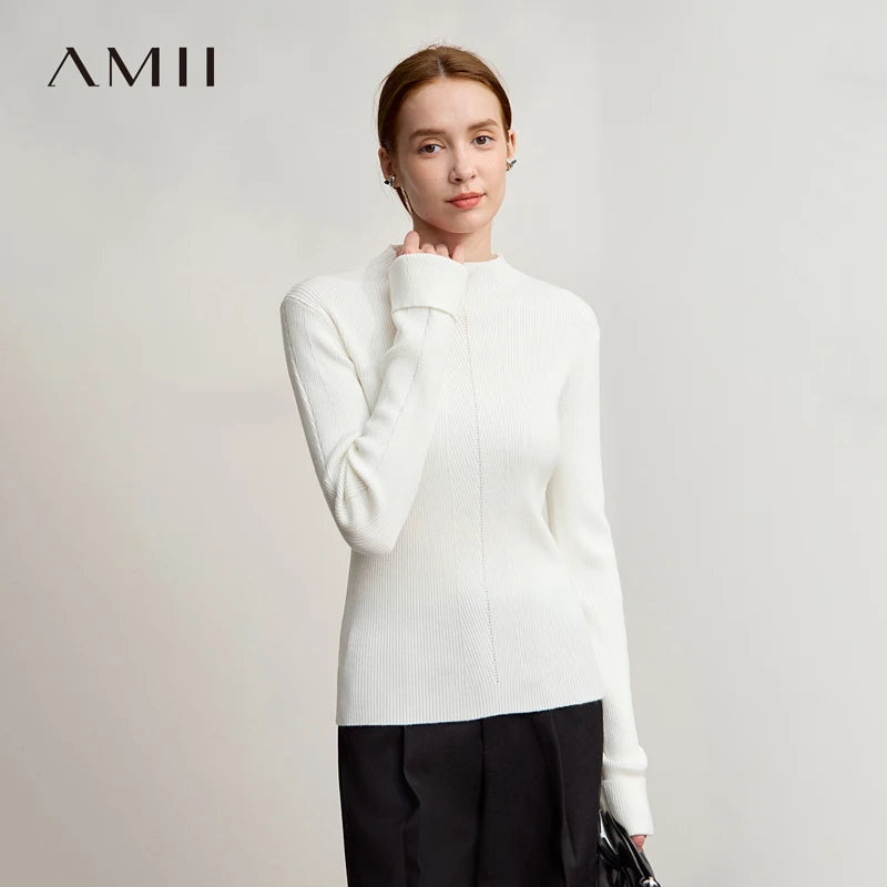 Damen-Pullover mit Stehkragen, feiner Rippstrick, langärmlig, weiß