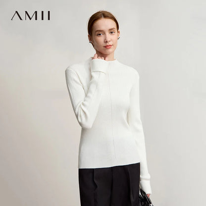 Damen-Pullover mit Stehkragen, feiner Rippstrick, langärmlig, weiß