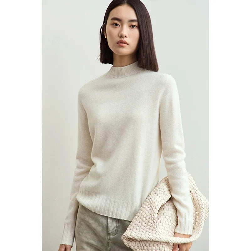 Cremefarbener Damenpullover mit Rundhalsausschnitt, Langarm, Feinstrick