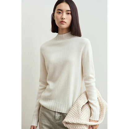 Cremefarbener Damenpullover mit Rundhalsausschnitt, Langarm, Feinstrick