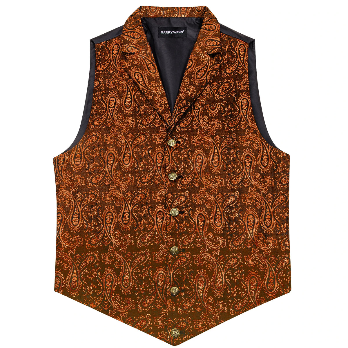 Herrenweste aus Feinwolle mit Paisley-Muster, braun-orange, Revers und Knopfleiste