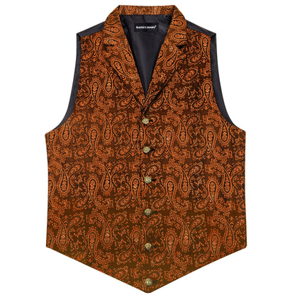 Herrenweste aus Feinwolle mit Paisley-Muster, braun-orange, Revers und Knopfleiste