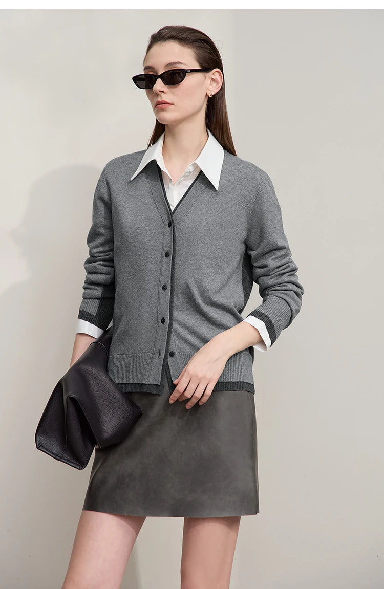 Damen-Strickjacke V-Ausschnitt koreanisch Fake-Zweiteilig Wolle locker Herbst