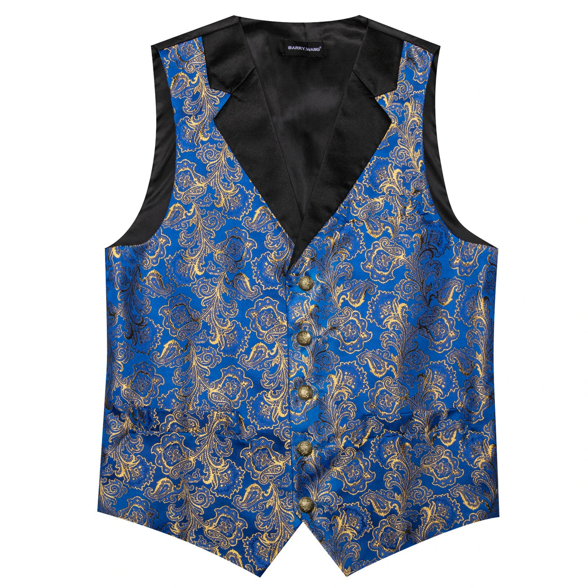 Blaue Jacquard-Herrenweste mit schwarzem V-Revers und goldfarbenen Knöpfen