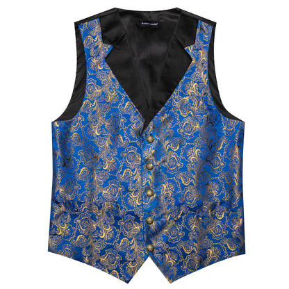 Blaue Jacquard-Herrenweste mit schwarzem V-Revers und goldfarbenen Knöpfen