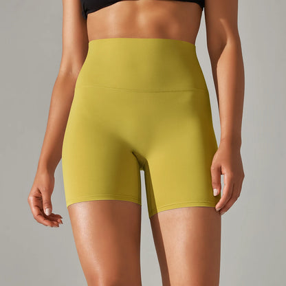 Nahtlose Sportshorts mit hohem Bund für Frauen, senfgelb