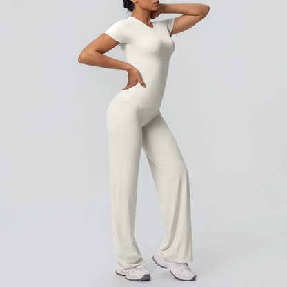 Hell-ivory Yoga-Set: kurzärmeliges Shirt mit Rundhalsausschnitt und lange Hose