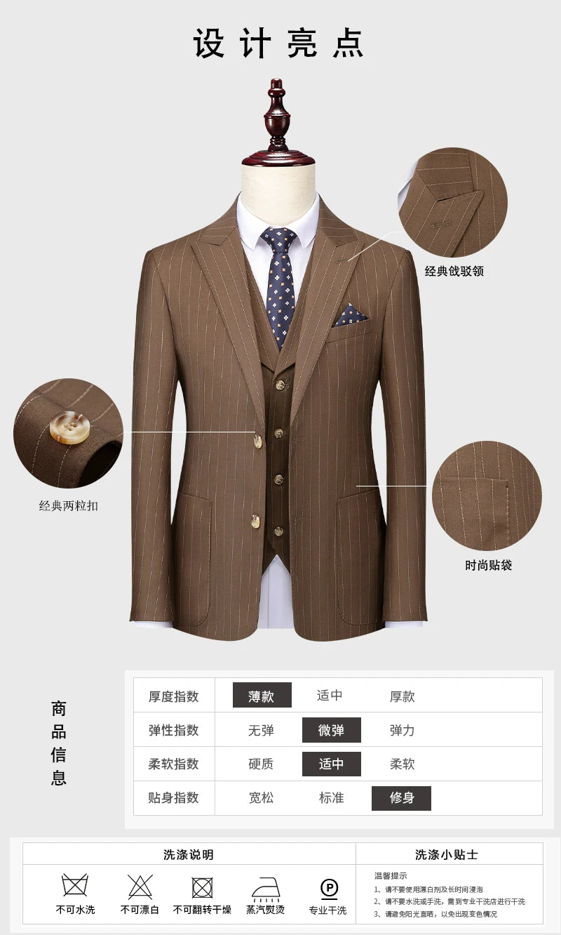 Klassischer 3-teiliger Anzug: Gestreiftes Business-Outfit für Hochzeiten und Events, Slim Fit, S-5XL