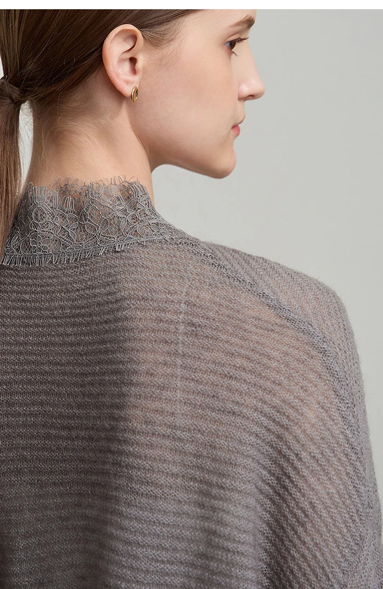 Damen V-Ausschnitt Pullover Mohair Spitze locker mittellang Frühling