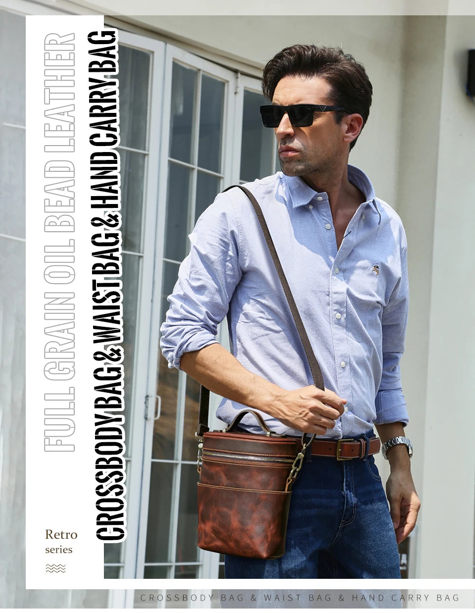 Schmale braune Ledertasche am Mann getragen, Crossbody mit Schulterriemen und Reißverschlussfach