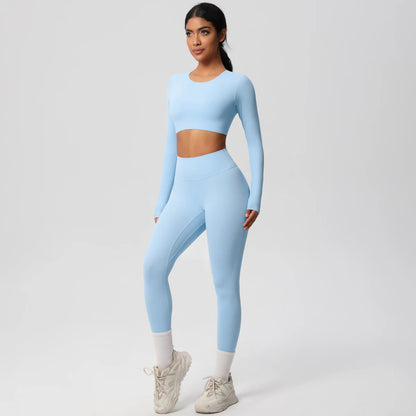 Yoga-Set mit langarmigem Crop-Top und Leggings, hellblau