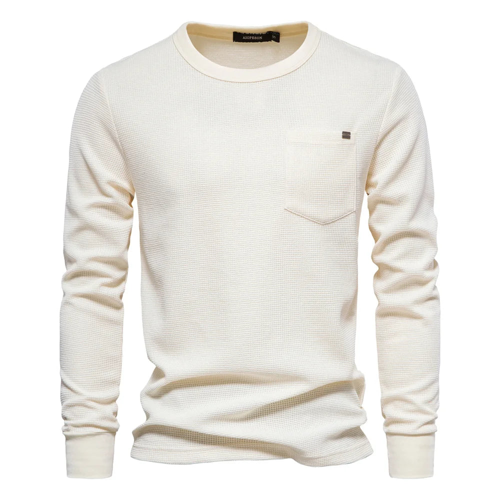Herren-T-Shirt aus Waffel-Baumwolle mit langen Ärmeln – einfarbiges Einzeltaschen-Design, atmungsaktives Herbst-Basic-Oberteil für lässige Outfits