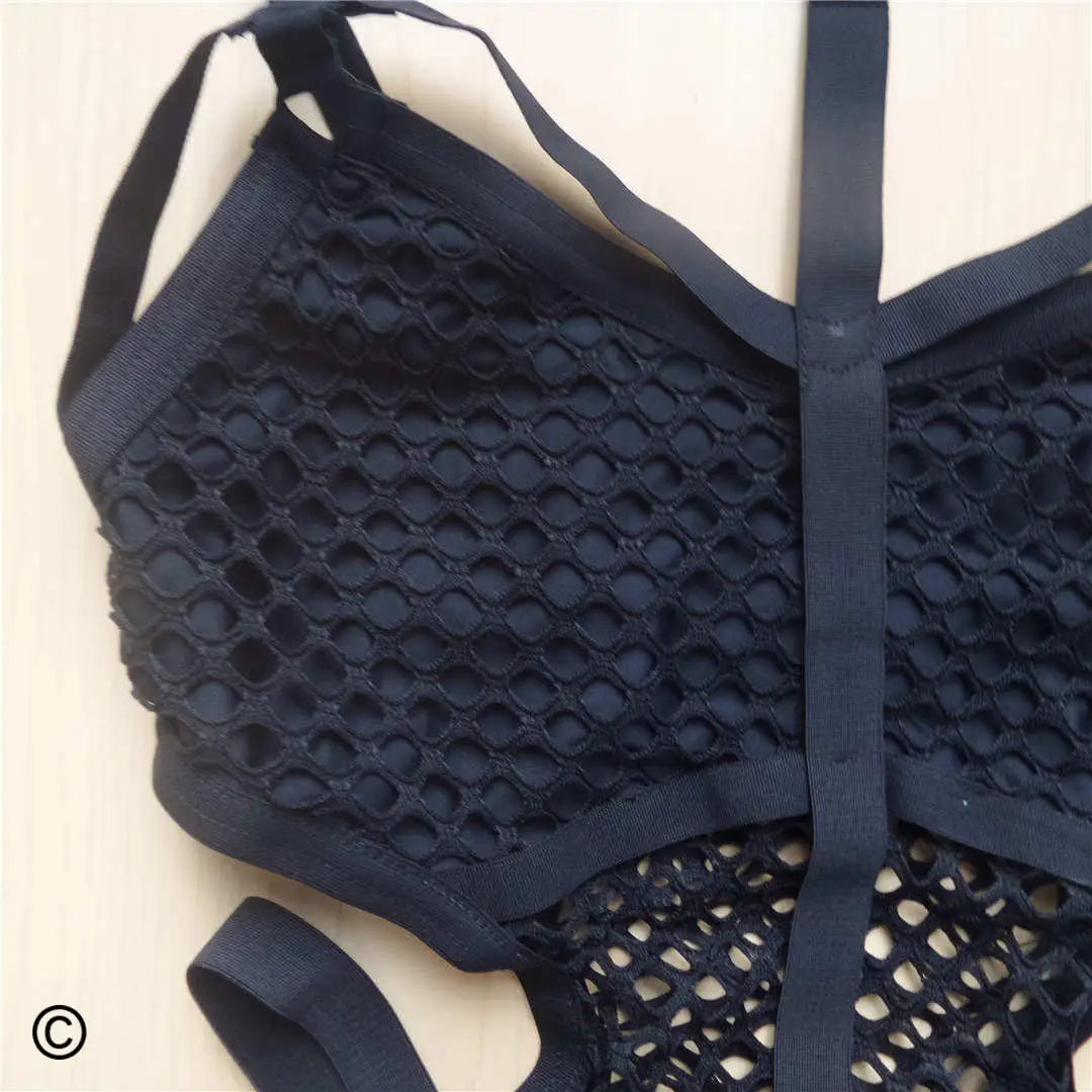 Damen Badeanzug Fischnetz Mesh schwarz Monokini Einteiler Strandmode