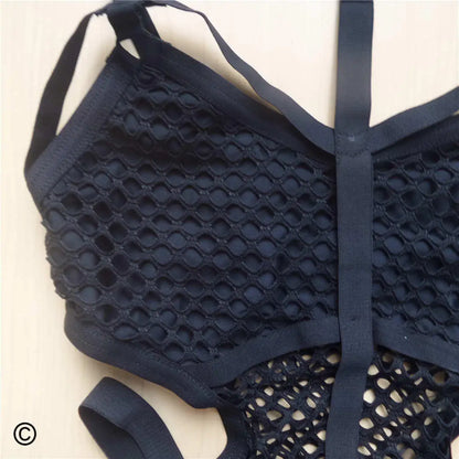 Damen Badeanzug Fischnetz Mesh schwarz Monokini Einteiler Strandmode