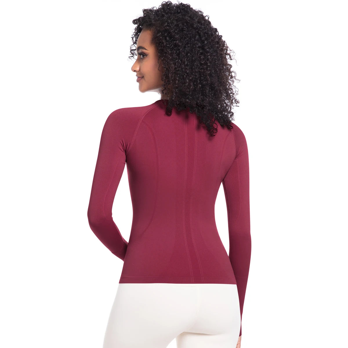 Damen-Langarm-Laufshirt weinrot, Rückansicht, figurbetont