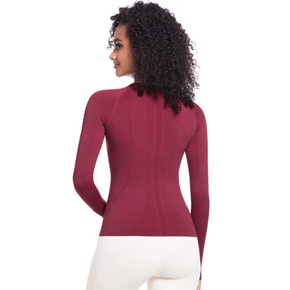 Damen-Langarm-Laufshirt weinrot, Rückansicht, figurbetont