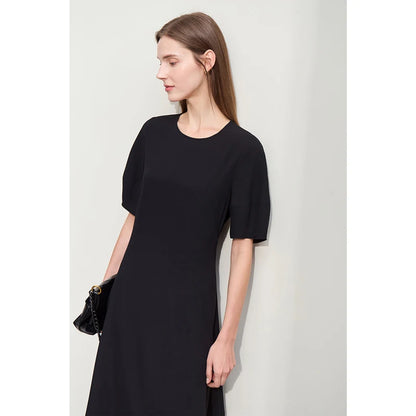 Elegant Damen Chiffon Kleid Midi O-Ausschnitt Laternenärmel Reißverschluss