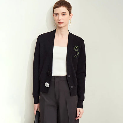 Damen-Strickjacke V-Ausschnitt Stickerei locker Langarm Herbst