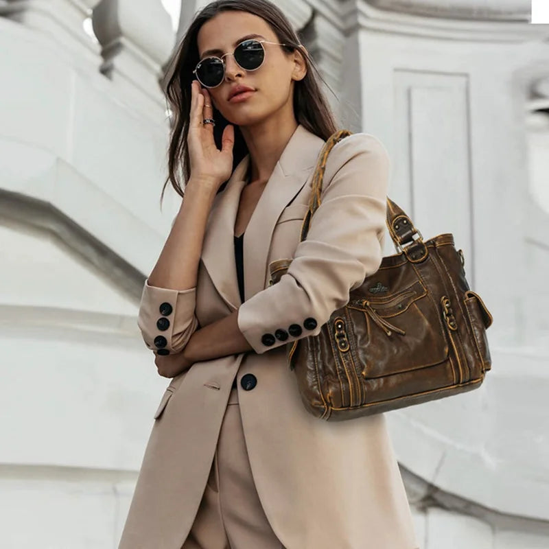 Damen-Schultertasche aus PU mit Mehrfachfächern Bronze Vintage Look Geräumige Innentaschen