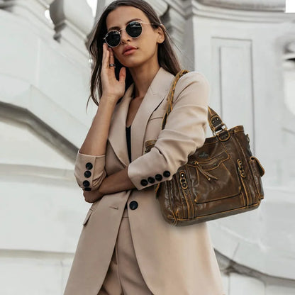 Damen-Schultertasche aus PU mit Mehrfachfächern Bronze Vintage Look Geräumige Innentaschen