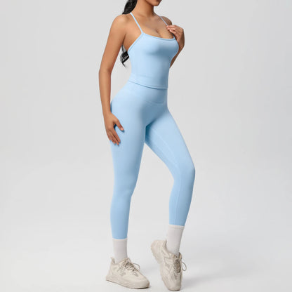 Yoga-Set mit Tanktop und Leggings, hellblau, schmale Träger, Knöchelsaum