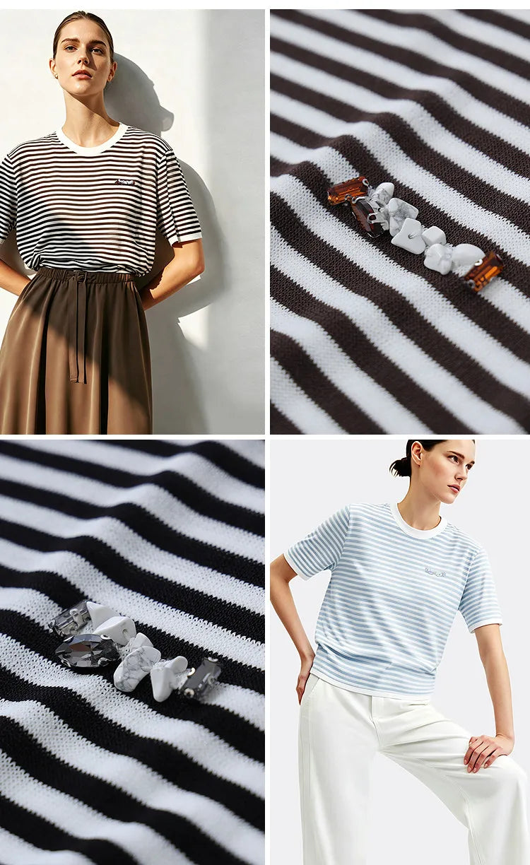 Damen-Rundhalspullover Colorblock Streifen Kurzarm locker Viskose Sommer
