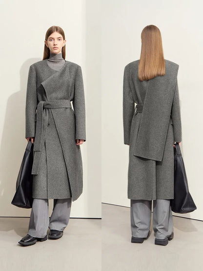 Damen Doppelseitiger Wollmantel mit asymmetrischem Schalkragen und Gürtel