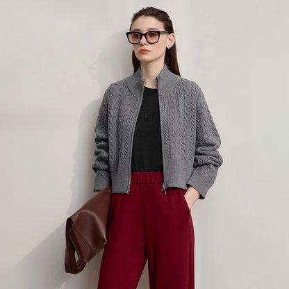 Damen-Rollkragen-Strickjacke Reißverschluss schlank Herbst