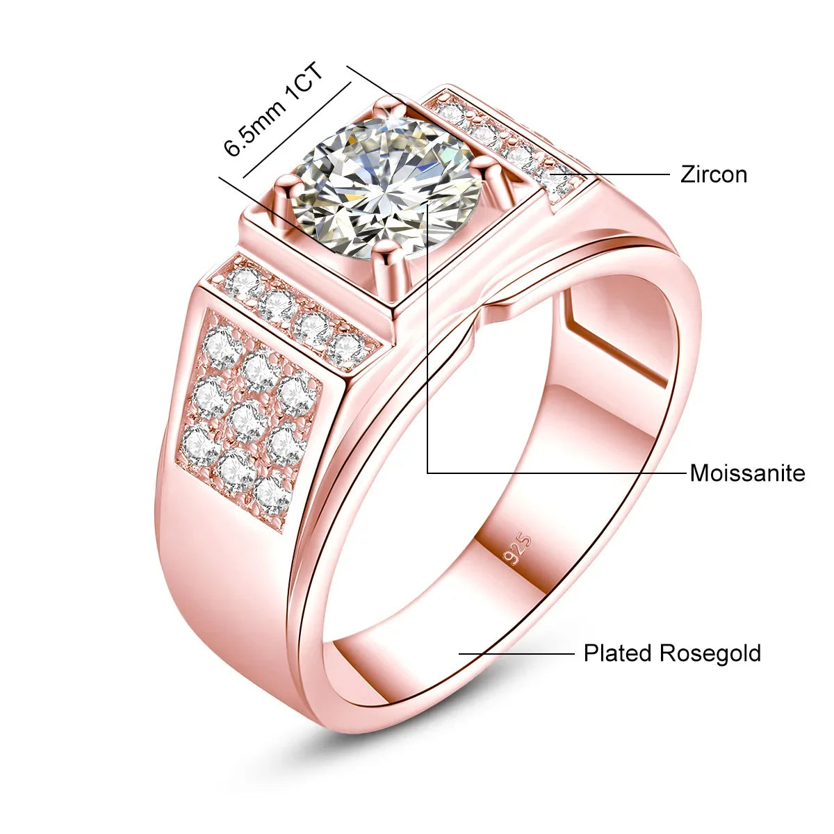 Herren-Moissanit-Ring aus Sterlingsilber 925 mit Zertifikat, Rundschliff 6,5 mm, 1 ct