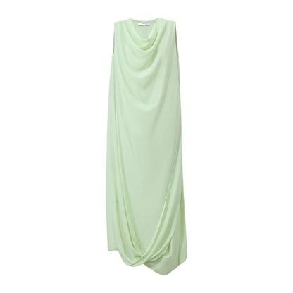 Ärmelloses Sommerkleid in Hellgrün, langes Drapé, fließender Rock