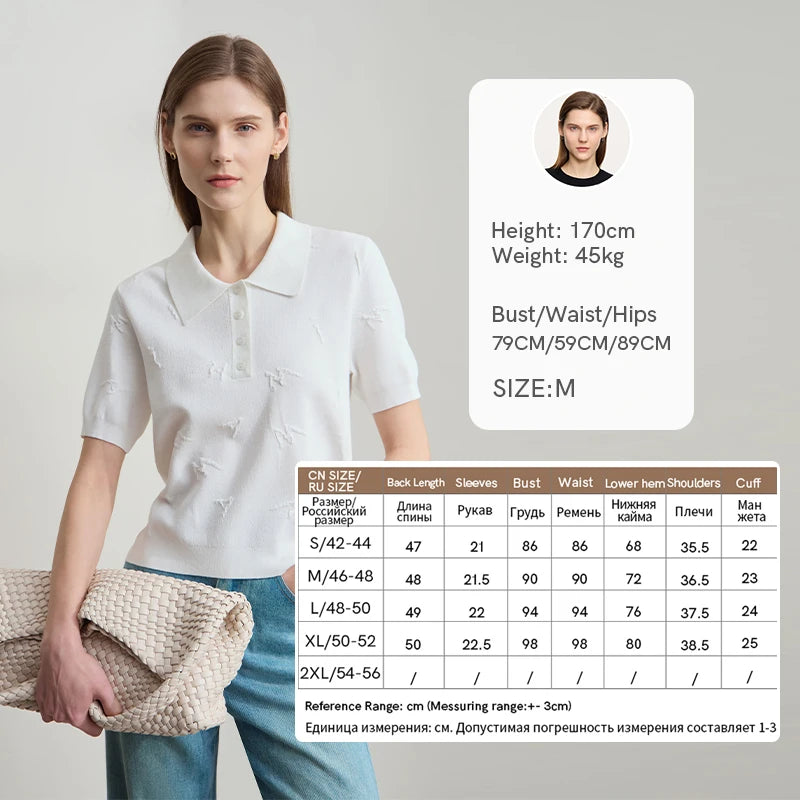 Weißer Damen-Strickpullover mit Polo-Kragen und Knopfleiste, kurze Ärmel