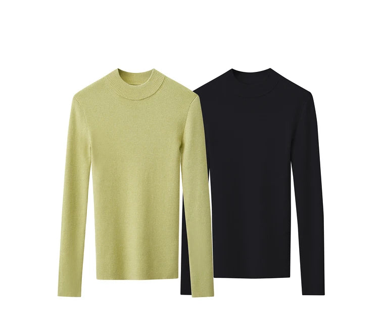 Dünner Strickpullover mit Stehkragen, langarm; hellgrün und schwarz nebeneinander