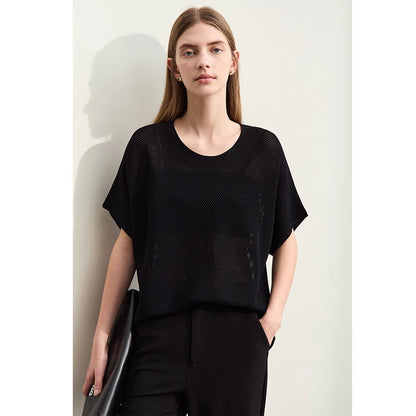 Damen-Rundhalspullover Wolle Aushöhlung locker Streetwear Sommer