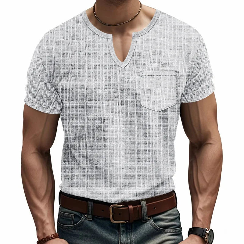 Herren-Casual-Poloshirt mit V-Ausschnitt, Brusttasche und Knopfleiste – vielseitiges, einfarbiges Business-T-Shirt